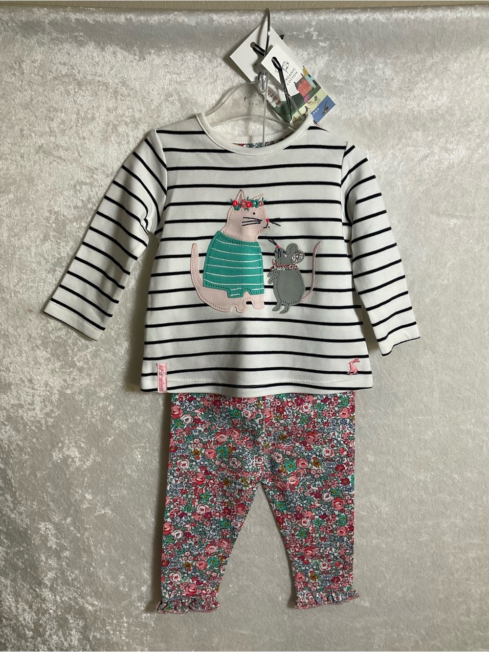 Joules Two Piece Set with Cat and Mouse Appliqué New